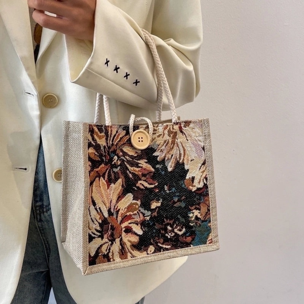 Floral Small All Seasons Canvas Ethnic Style Square Canvas Tote Bag